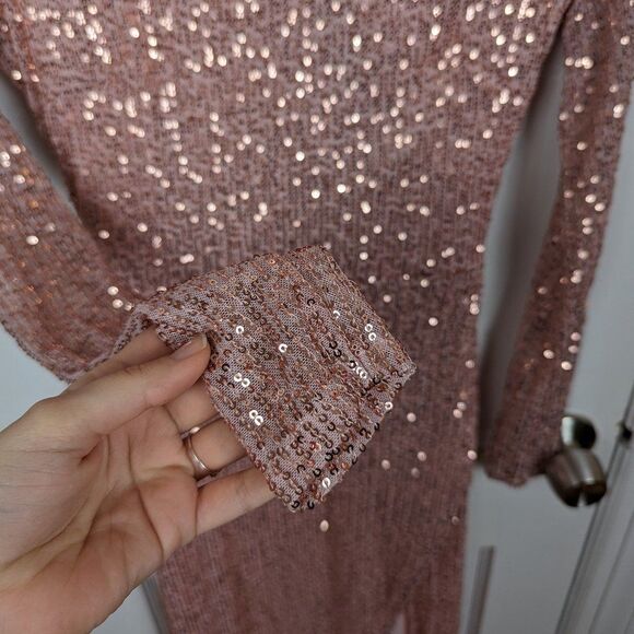 Angel Biba | Rose Gold High Slit Sequin Maxi Dress NWT Size s - Picture 4 of 7